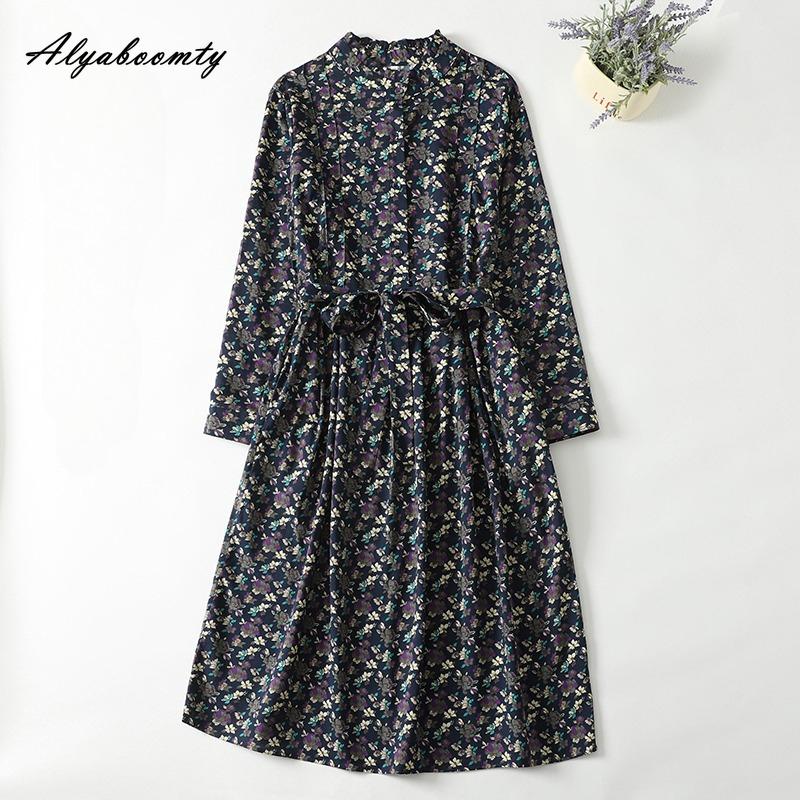 

Японська сукня Mori Girl Весна Осінь Жіноча сукня З коміром-стійкою З квітковим принтом Синя Шнурівка Сукня З довгим рукавом Вінтажна Міді-сукня З кишенями XXL темно-синього кольору