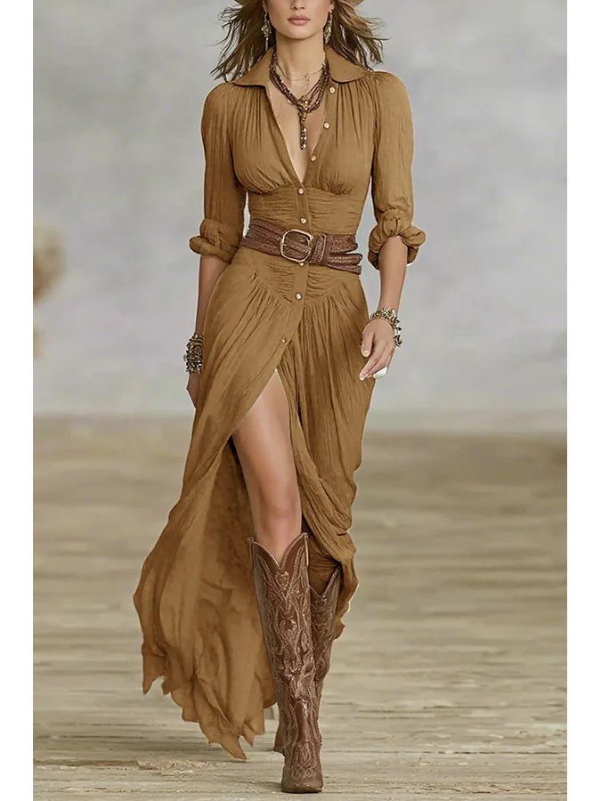 

Women s 2025 French V-Neck Waist-Cinching Pleated Long Sleeve Dress L верблюд