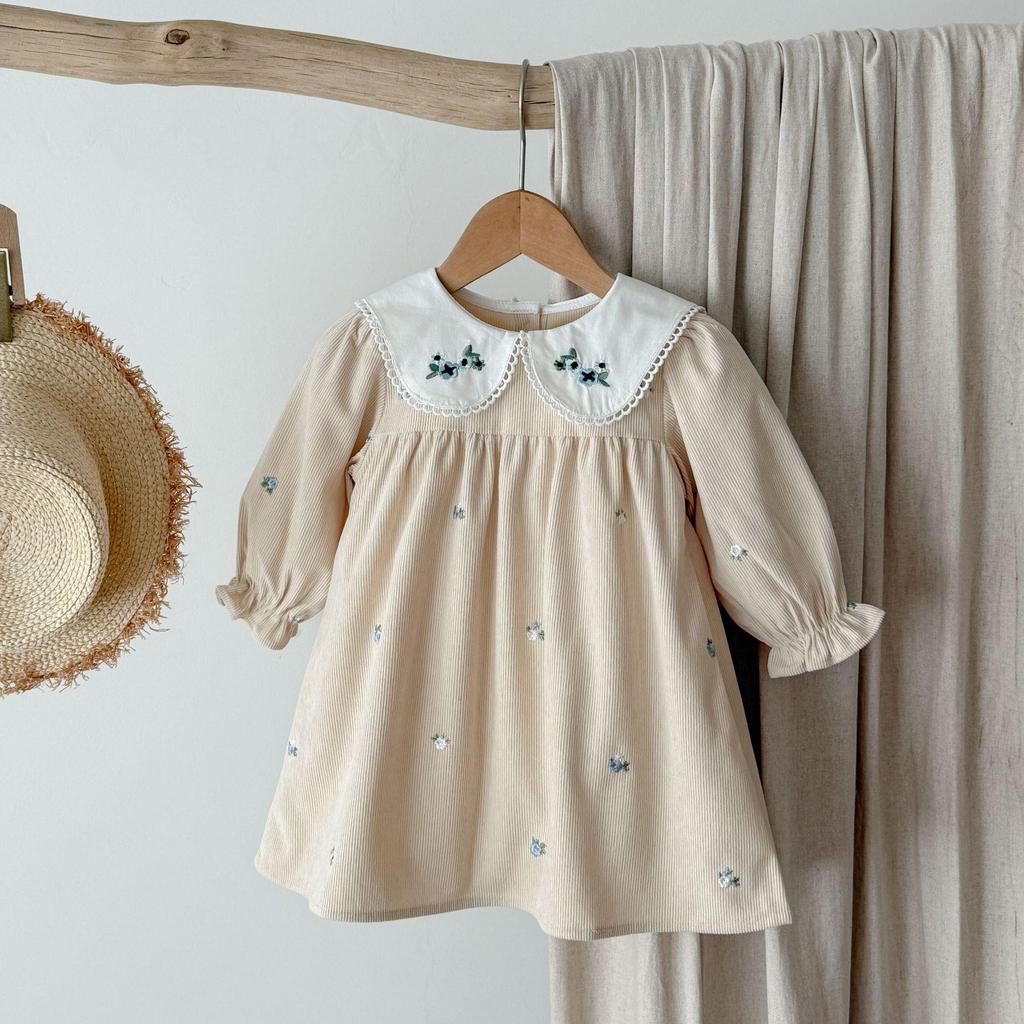 Šaty s výšivkou na límci s dlouhým rukávem a body set v korejském stylu pro holčičky