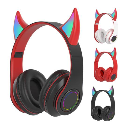 Bluetooth-compatible Headphone LED Devil Ear HiFi Glowing Cute Stereo Bass Wireless Headset