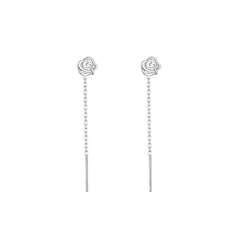925 Sterling Silver Rose Flower Threader Earrings for Women - Summer 2022 Trend, Niche Design
