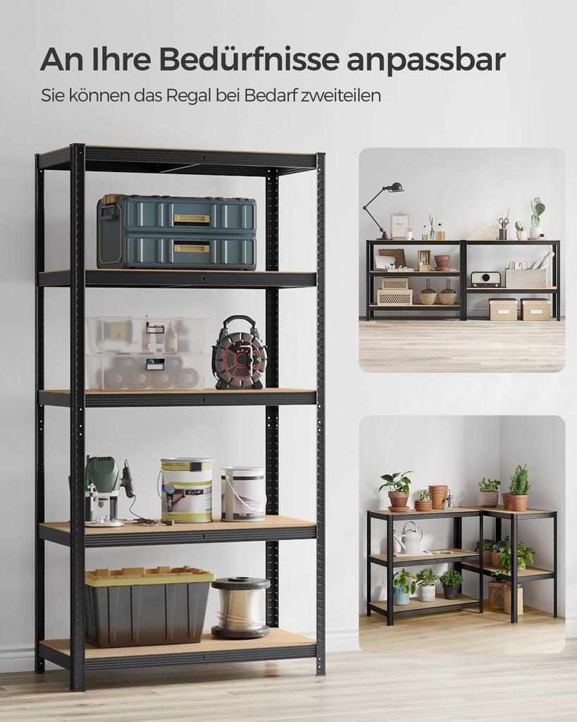 SONGMICS 5-Tier Shelving Unit, Steel Shelving Unit for Storage, Tool-Free Assembly, for Garage, Shed, Load Capacity 600 kg, 50 x 100 x 200 cm, Black