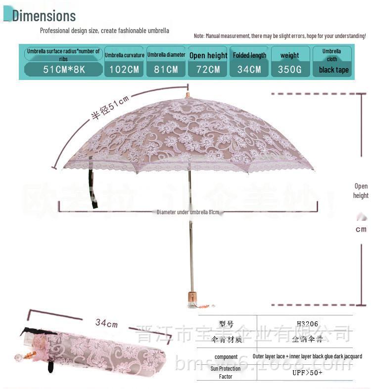Aurora H3206 Dentelle Noir Parapluie Pare-Soleil UV Pliable
