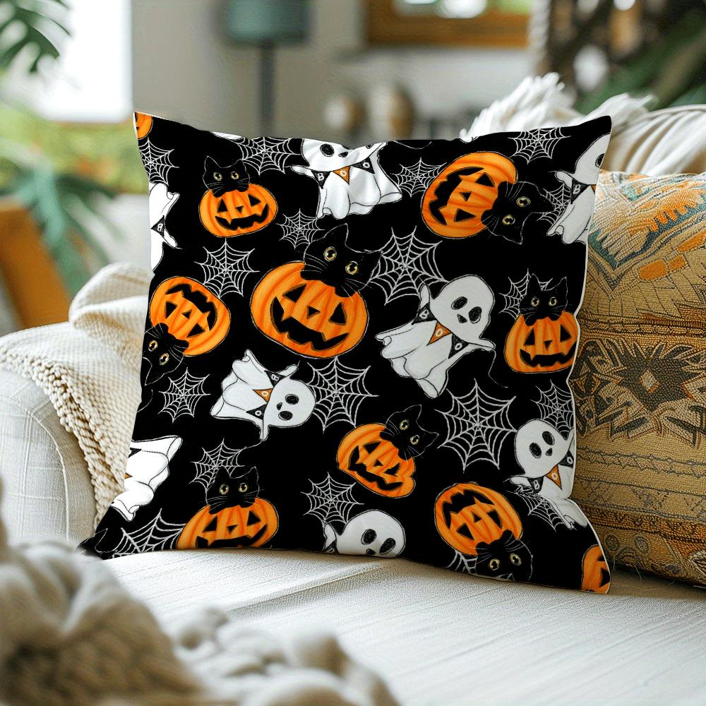 Vintage Halloween Throw Pillow Covers - 1pc Mixed Color Spooky Decor with Ghost, Cat, Pumpkin - Zip