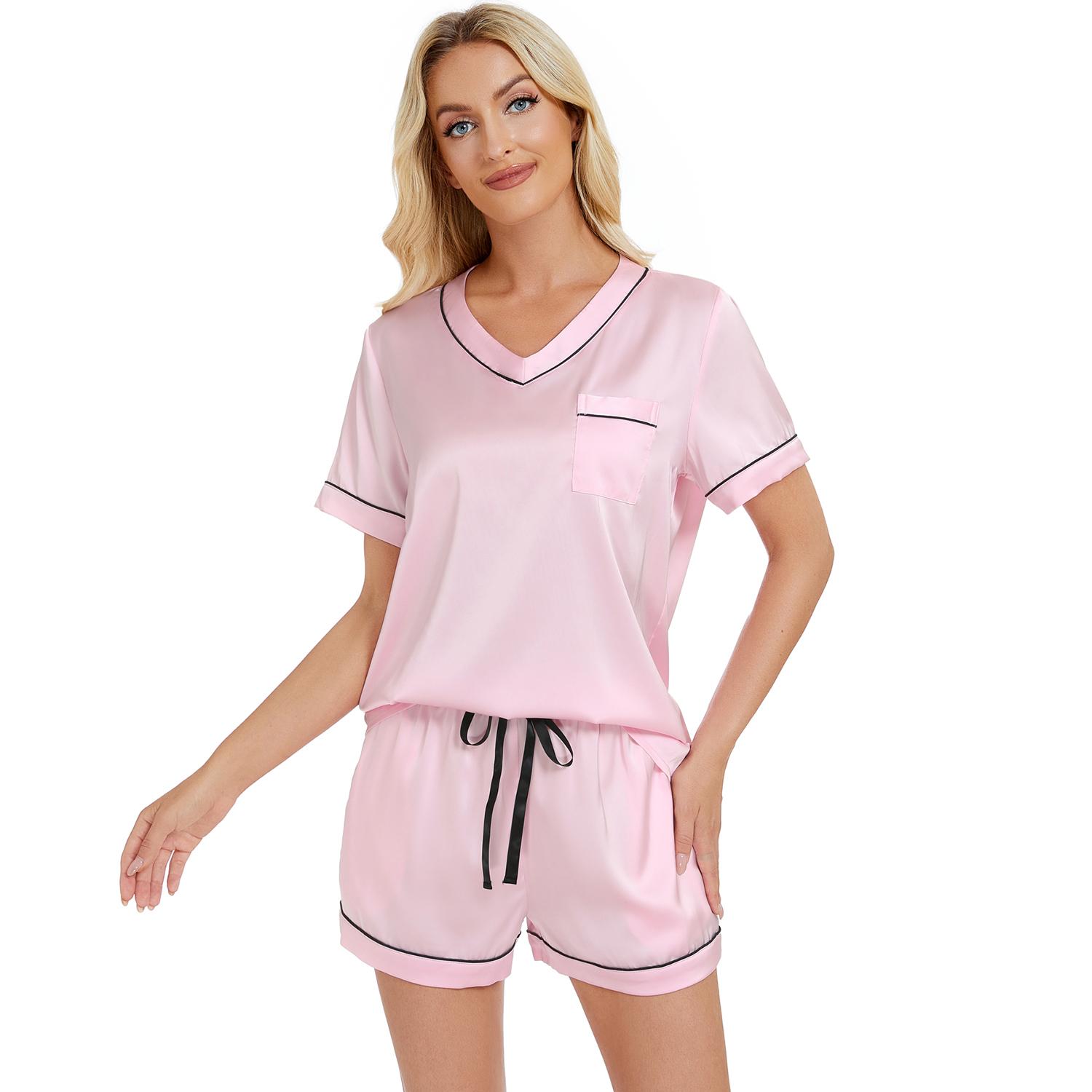 

Женские костюмы для сна Имитация шелка V-образный вырез Рубашки Шорты Комплекты пижам Сатин Одежда для сна Лето Домашняя одежда XXL розовый