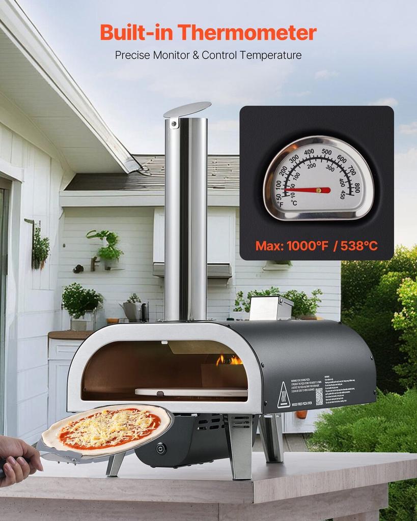 Outdoor Pizza Oven, 12 In Wood Fired Pizza Ovens, Pellet Pizza-Stove with Thermometer & Electric Rotation, Portable Pizza-Maker for Outside Backyard