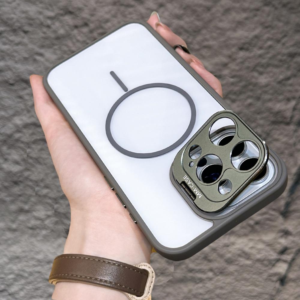 Metalic Camera Stand Protection Phone Case For iPhone 16 15 14 Plus 13 12 11 Pro Max Transparent Magnetic Wireless Charge Cover