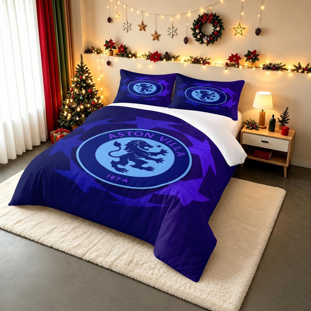 Duvet Cover Set Aston Villa Champions League Starball Purple Crest Football 3 Piece Bedding for Adult Fan Gift