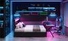 Piattaforma Letto da Gioco Grande 140x200 cm in Metallo con Testiera LED, Scrivania LED e Due Cassetti, Nero
