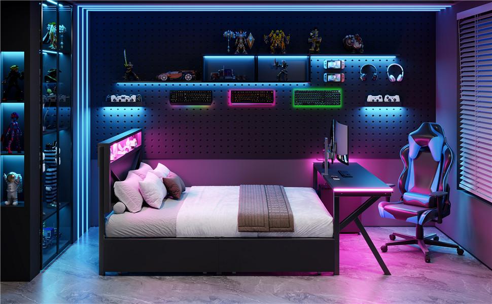 Piattaforma Letto da Gioco Grande 140x200 cm in Metallo con Testiera LED, Scrivania LED e Due Cassetti, Nero
