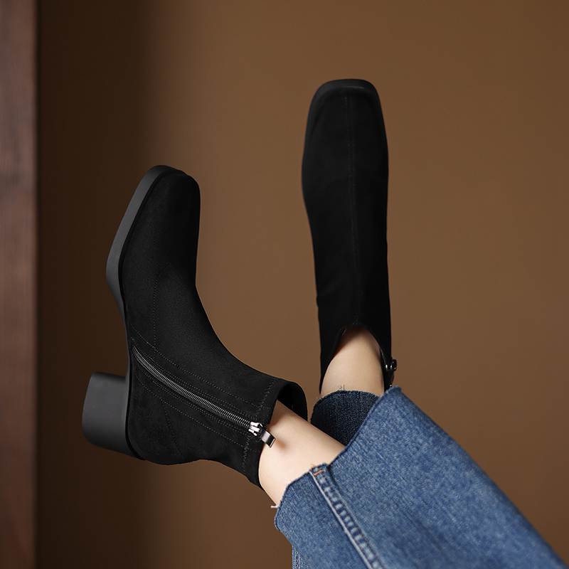 Krazing Pot Flock Round Toe Thick High Heels Chelsea Boots Zip Women Concise Style Ankle Boots