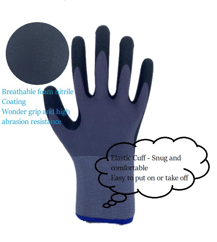 OEM 15 Gauge Anti-Slip Breathable Abrasion Resistant Work Gloves Sandy Foam Nitrile Coating Nylon Spandex Liner Palm Finger