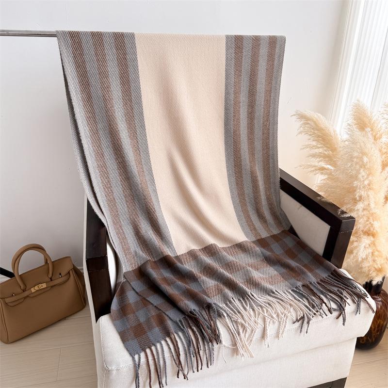 Plaid Color Matching Imitation Cashmere Warm Shawl Scarf Autumn And Winter Fashion High-End Sense Versatile Fringed Scarf