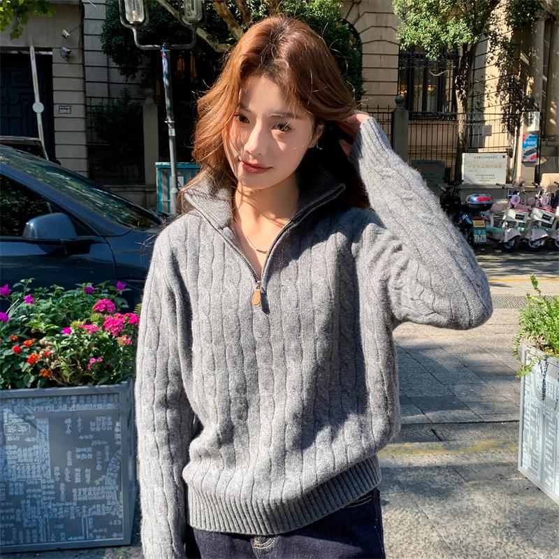 Celebrity Style Cable Knit Half-Zip Sweater: Autumn/Winter Long Sleeve Lapel Top