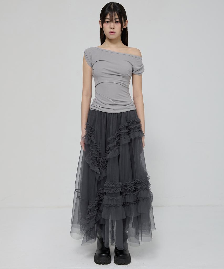 Peulleeoeob Tulle Layered Long Skirts (Fl-266_Charcoal)