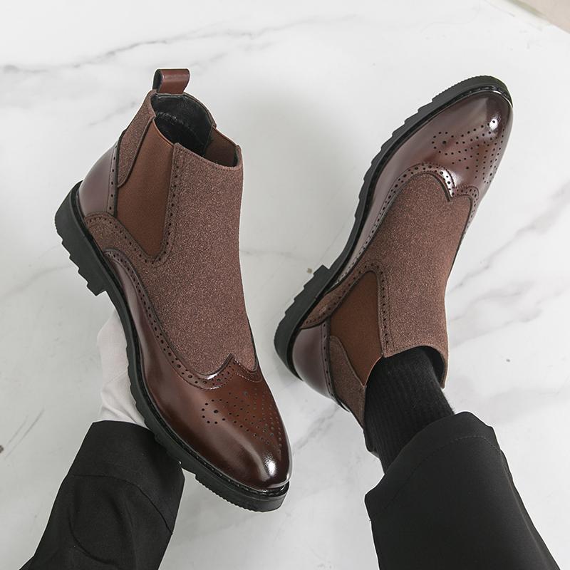 Fashion Designer New Men's Pointed Patchwork Patent Leather Casual Brogues Ankle Boot Male Winter Brown Black High Tops Shoes