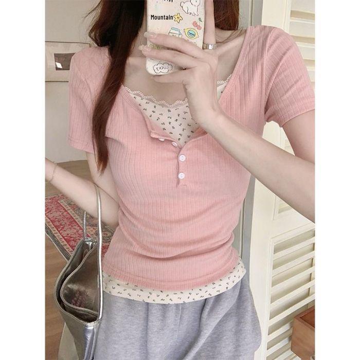 

2025 Ранняя весна Кружево Низкий вырез Цветочный Базовая футболка из двух частей Топ с коротким рукавом Medium розовый