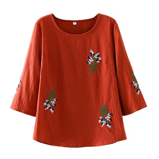 

Women Summer T-shirt Flower Embroidery Three-quarter Sleeve Loose Plus Size Round Neck Match Pants A-line Breathable Retro Spring Summer Top 5XL