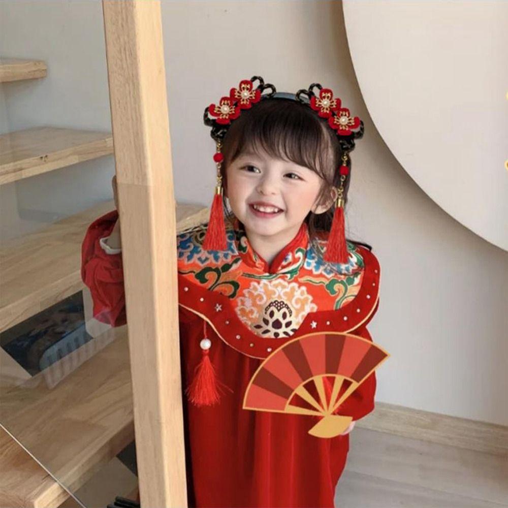 Flower Chinese New Year Headwear Braid Hair Hanfu Hair Sticks Children Wig Headband  Girls