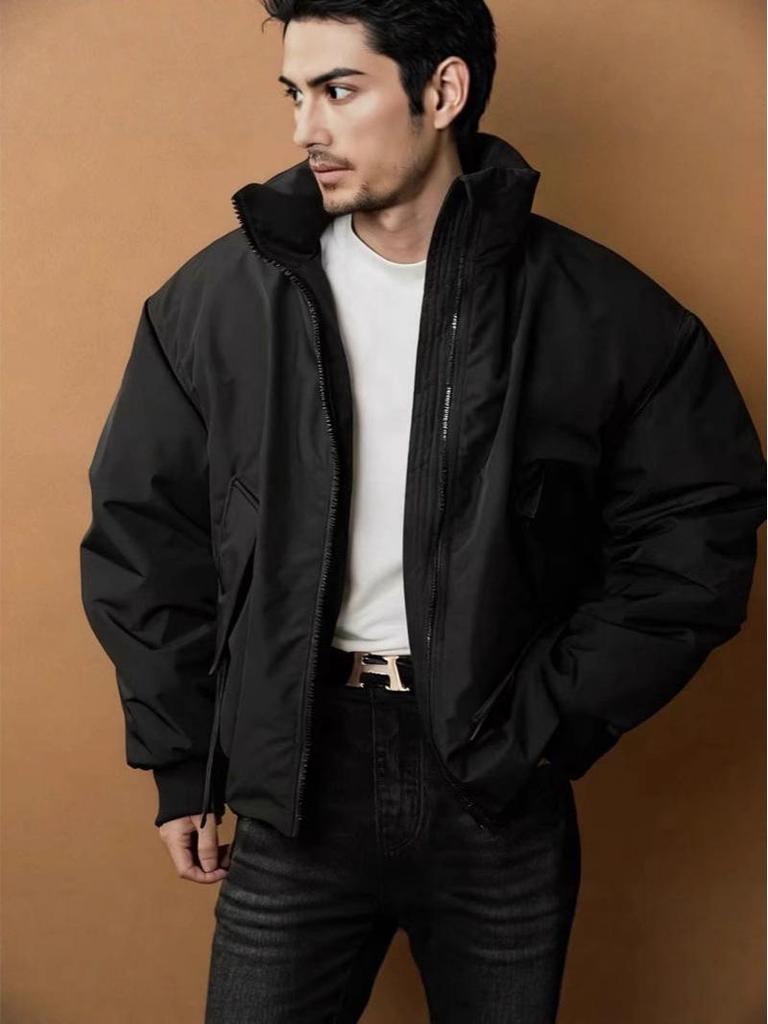 2025 Men's American Style Warm Versatile Cotton Jacket, Stand Collar, Winter, Short, Simple, Slimming Design.