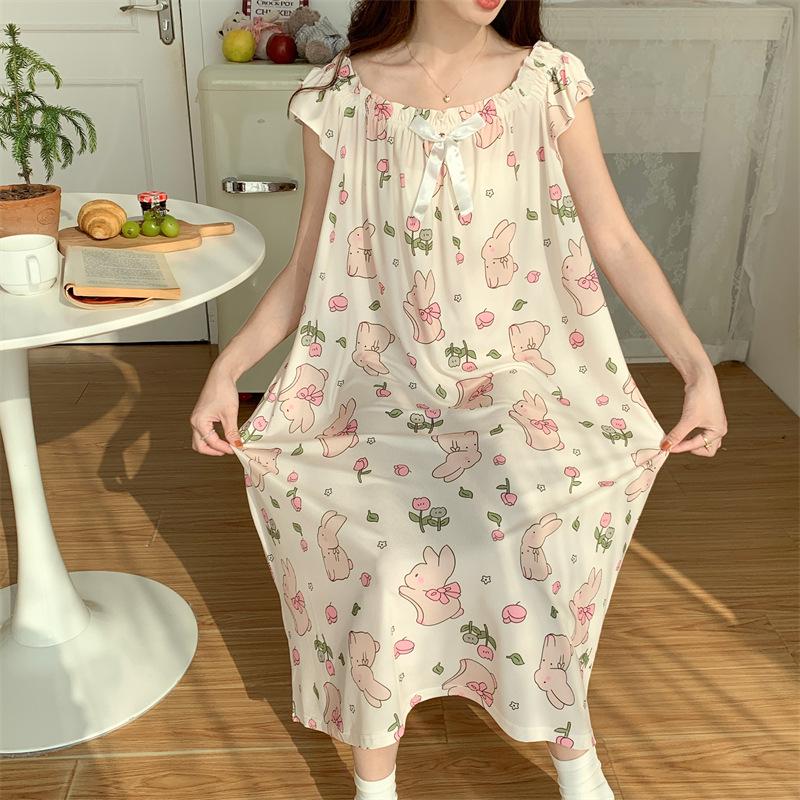 Women's Plus Size Ice Silk Nightdress - Summer Over-the-Knee, High-End, Loose Fit, Thin Section for Sizes Up To 300 Jin