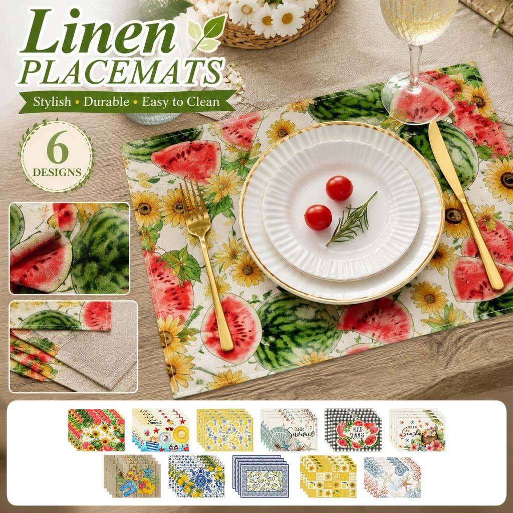 4-Piece Summer Lemon Print Linen Placemat and Napkin Set, Heat and Stain for Kitchen Dining, 430cm