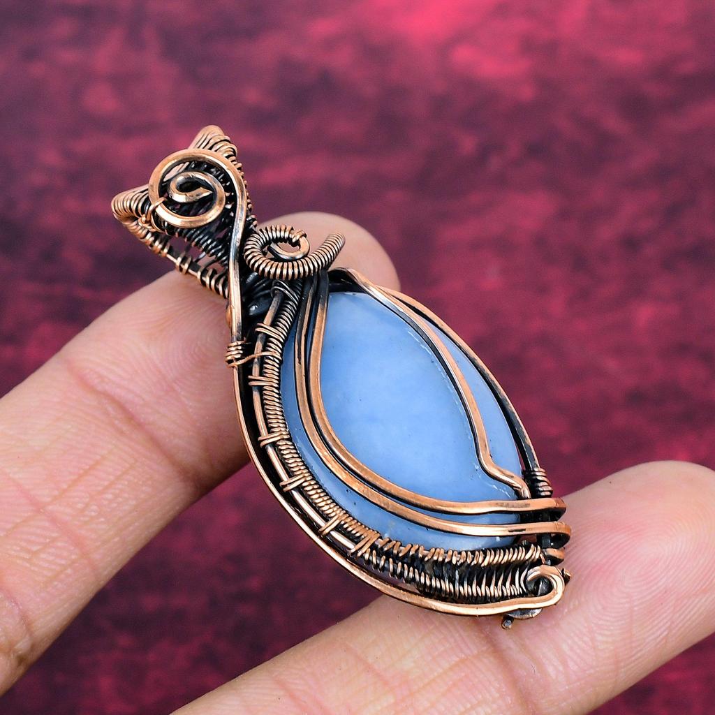 Angelite Gemstone Pendant Copper Wire Wrapped Handmade Pendant Designer Jewelry