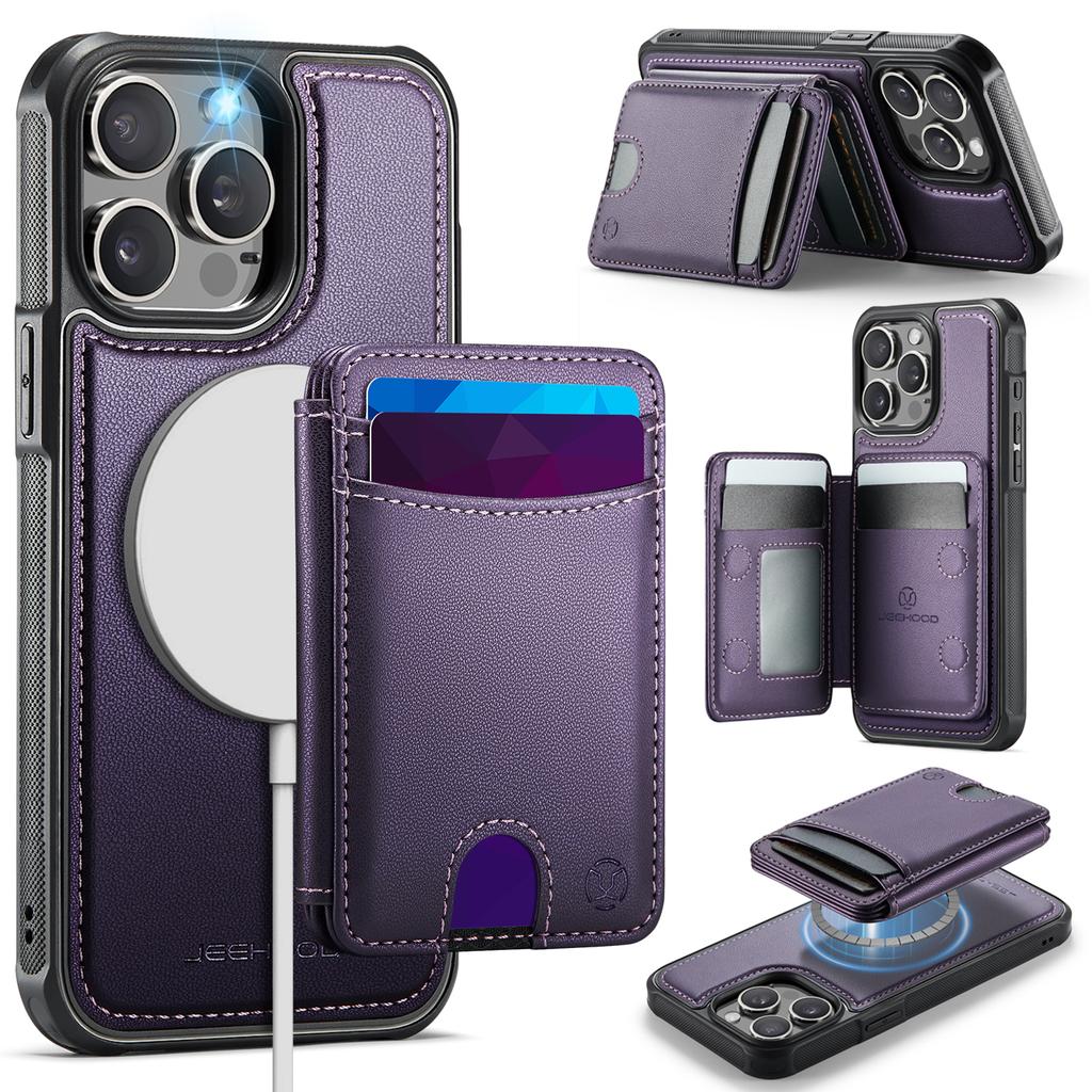 For iPhone 12 Pro Max 6.7 inch Case JEEHOOD J10 Compatible with MagSafe Leather Back Phone Cover with Detachable Card Holder Kickstand