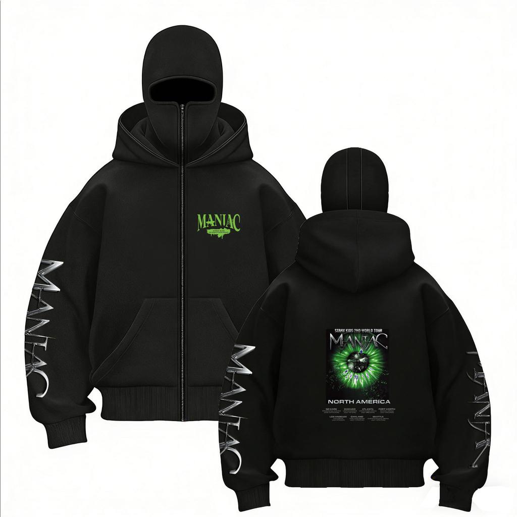 Stray Kids Skz Harajuku Printed Stray Kids Double Hood Zip-Up, Harajuku Print SKZ Hoodie for STAY Two-hat Zip-up Shirt for Men and Women