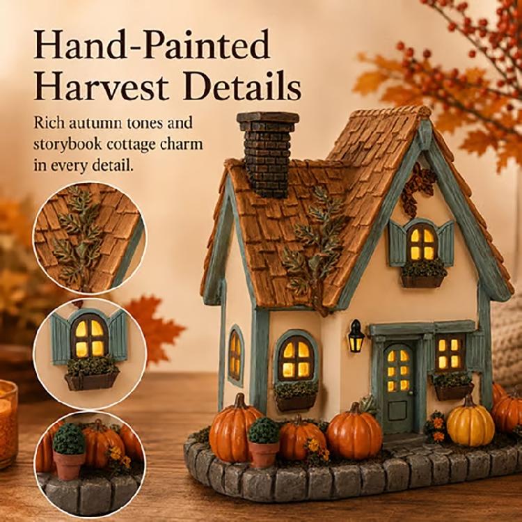 Indoor Resin Harvest House Statue with Warm Window Lighting for Halloween Shelf Styling and Seasonal Fall Scenes