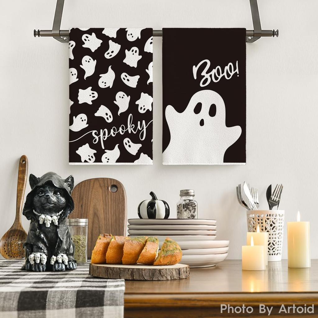 Artoid Mode Black Ghost Spooky Halloween Kitchen Towels Dish Towels, 18x26 Inch Boo Decoration Hand Towels Set of 2