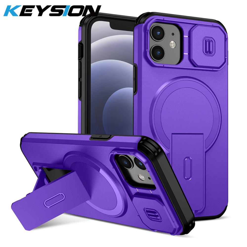 KEYSION Shockproof Magnetic Case for iPhone 11 12 Pro Max Slide Camera Lens Protect Kickstand Wireless Charging Phone Back Cover