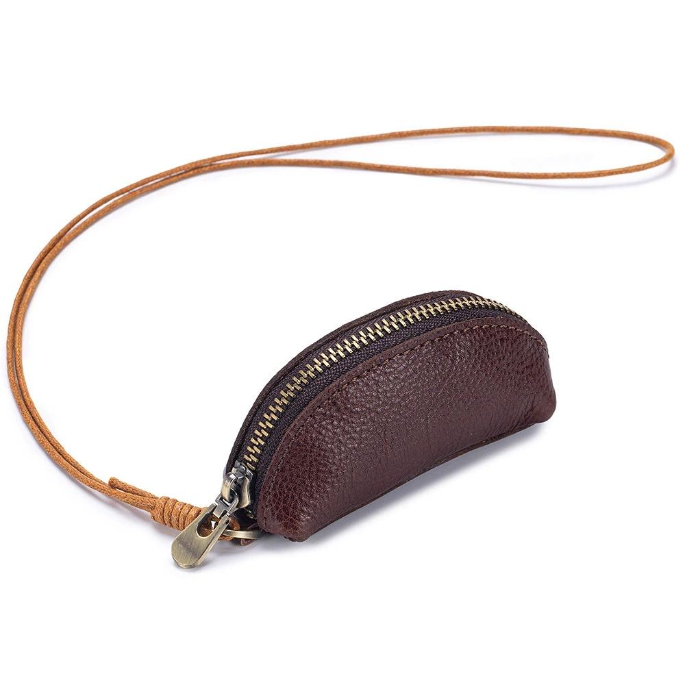 Women's Vintage Mini Hanging Neck Bag - Zippered Organizer Purse with Cord, Top Grain Cowhide Leather - Compact Makeup, Coin, Key, Earphone Case