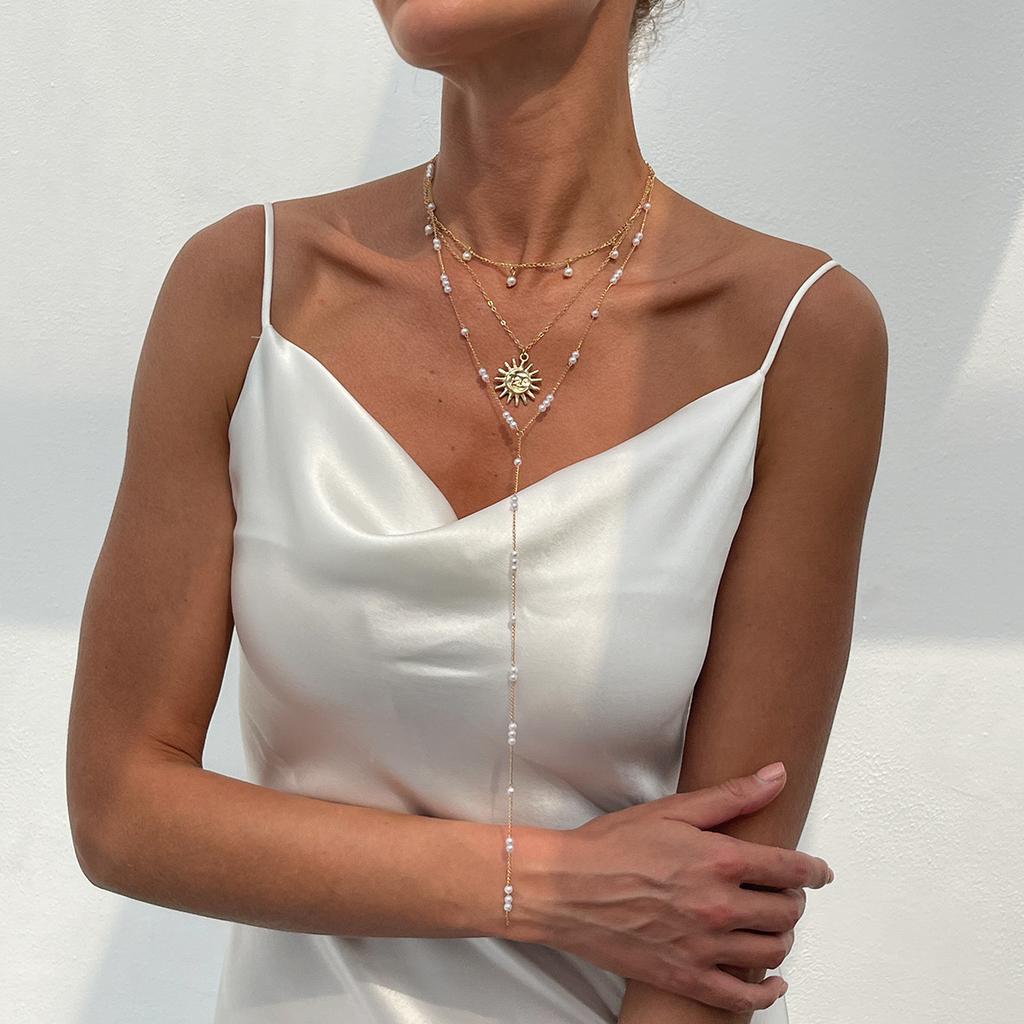Ins Sun Alloy Pendant Collarbone Chain French Temperament Pearl Beaded Long Necklace Fashionable Commuter Stacking Style Holiday Women's Jewelry