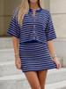 Women's Striped Knit 2 Piece Outfit Short Sleeve Button Cardigan and Mini Skirt