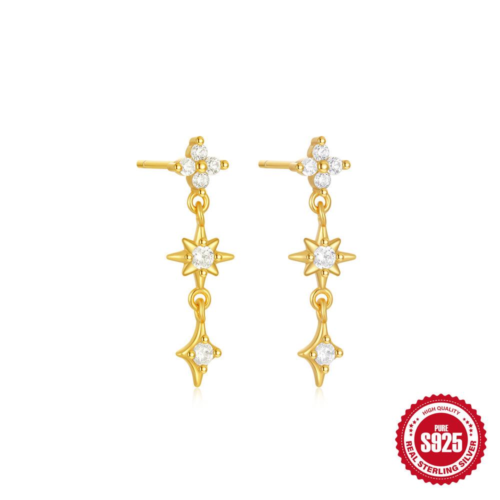 Daily Wear S925 Sterling Silver Round Diamond-Encrusted Bow Five-Pointed Star Three-Layer Earrings Micro-Inlaid Stud Earrings
