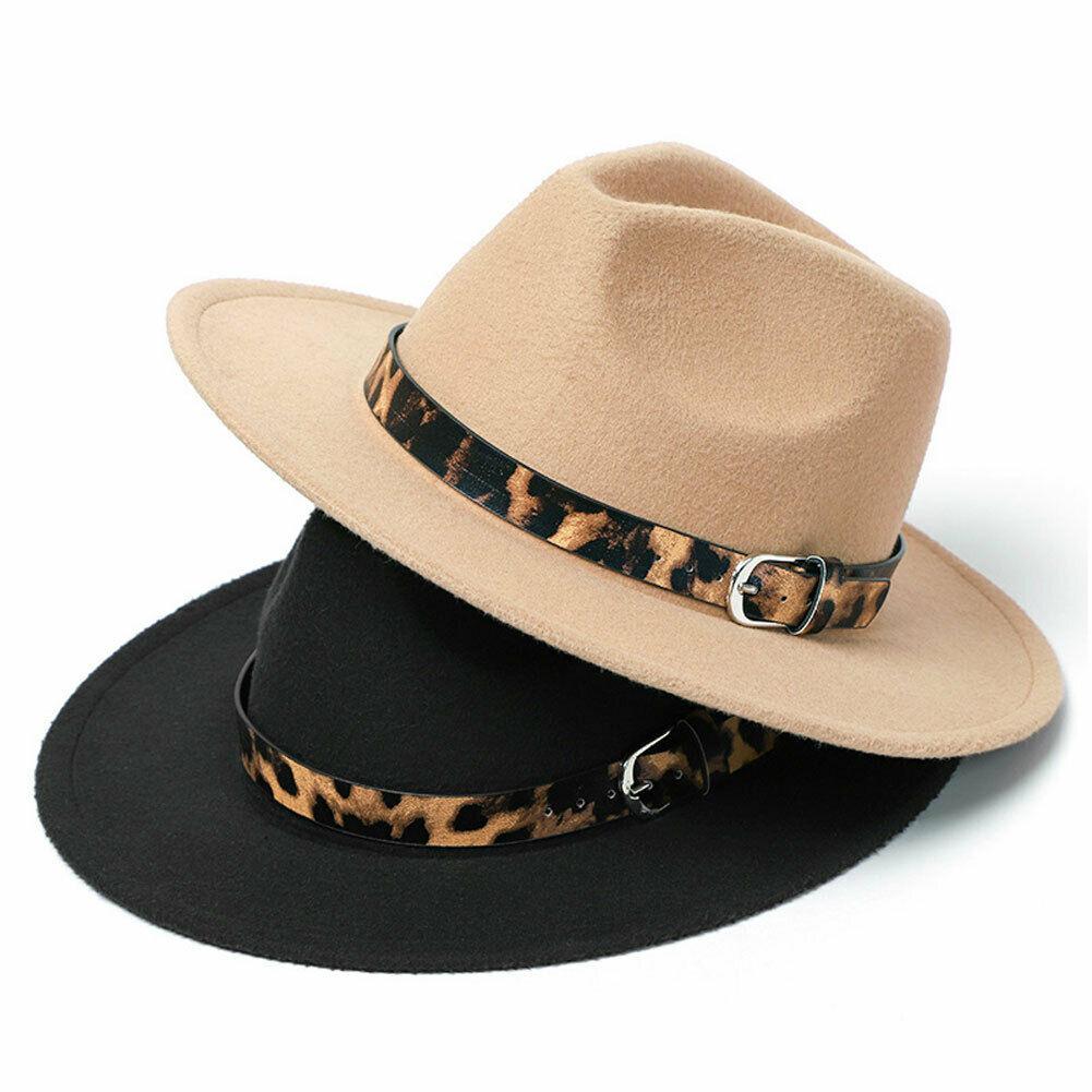 19 Color Women'S Wide Brim Felt Fedora Panama Hat With Leopard Belt Buckle Party Trilby Cowboy Hat Fashion Jazz Cap