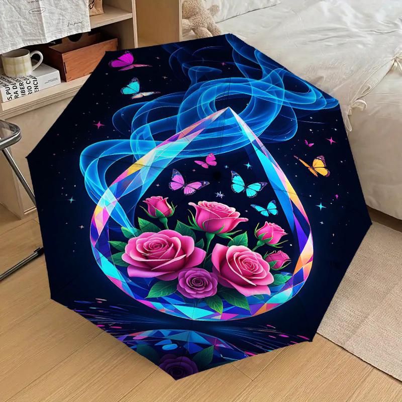 1pc Flowers Butterfly Automatic Open/Close Umbrella Compact Folding Umbrella with 8-Rib Shaft for Women/Men, Portable Travel Umbrella,1187S
