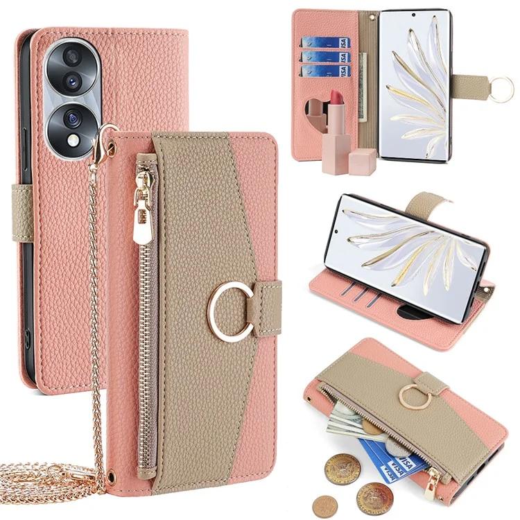 

For Honor 70 5G Case PU Leather Zipper Pocket Stand Cover with Shoulder Strap