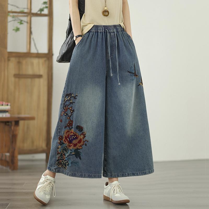 

DIMANAF Большой размер 2025 Женские джинсы Летние брюки Высокая талия Эластичные Свободные Вышивка Базовые брюки Макси Широкие брюки L синий