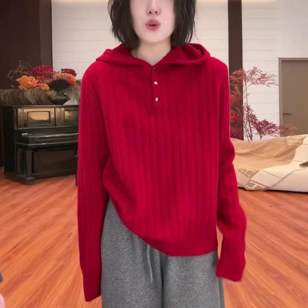 Women's Cashmere Cable Knit Hooded Wool Sweater: Henley Button, Loose Pullover for Autumn and Winter.
