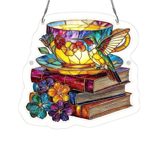 Bookish Acrylic Puzzle Suncatcher, Stained Glass Style Window Hanging Ornament, Hummingbird Floral Book DIY Sun Catcher Kit for Home Decor,