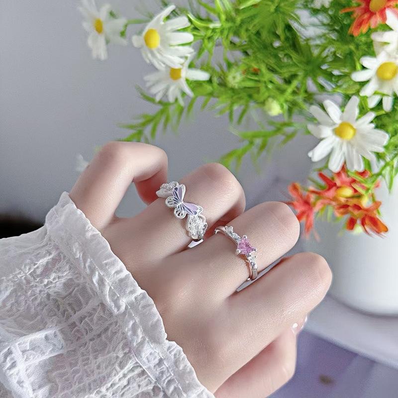 Romantic Pink Love Butterfly Zircon Whitening Temperament Open Ring Women'S Exquisite Niche Cold Wind Ring