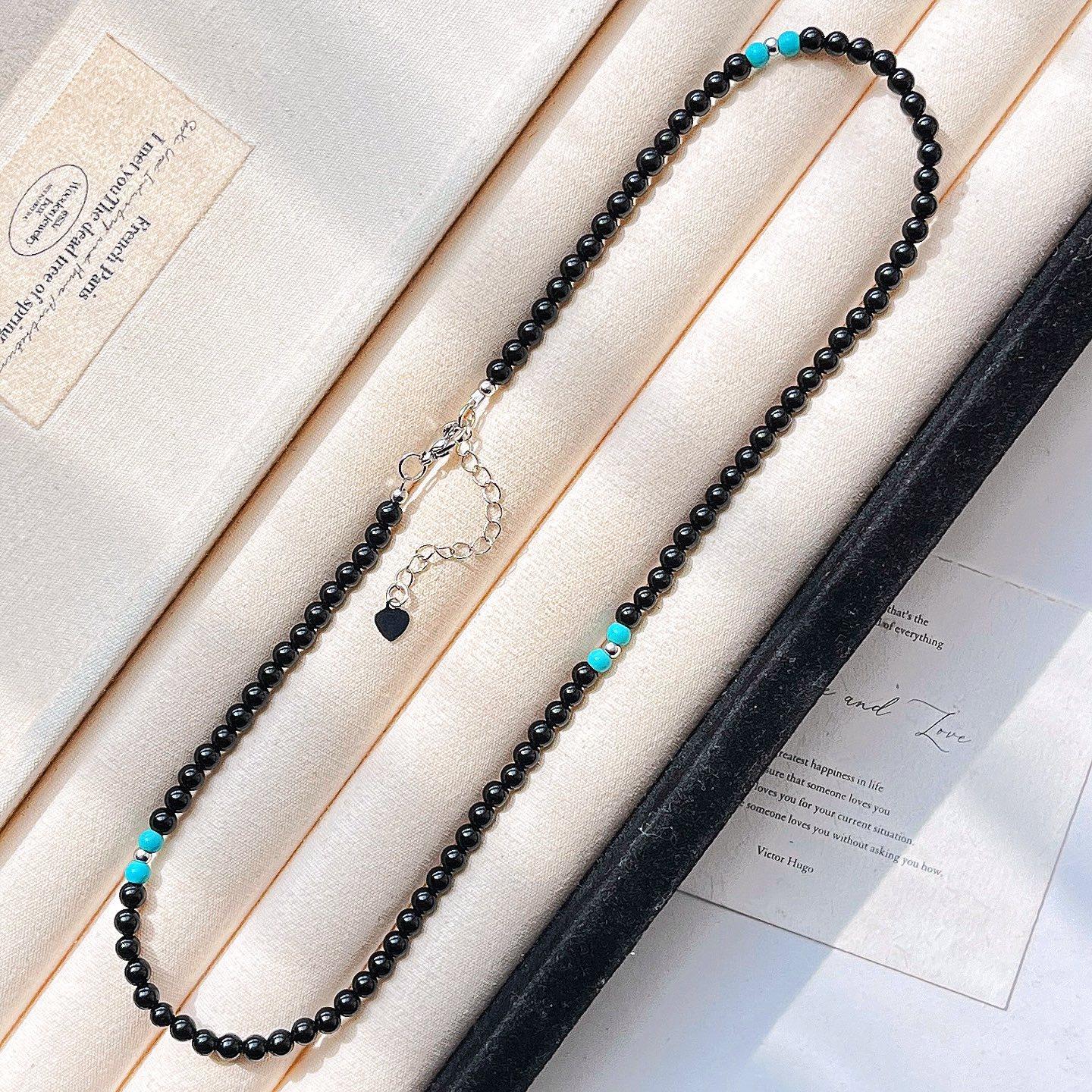 

Vintage Boutique Natural Black Agate Design Sweater Chain Necklace Collarbone Chain Women