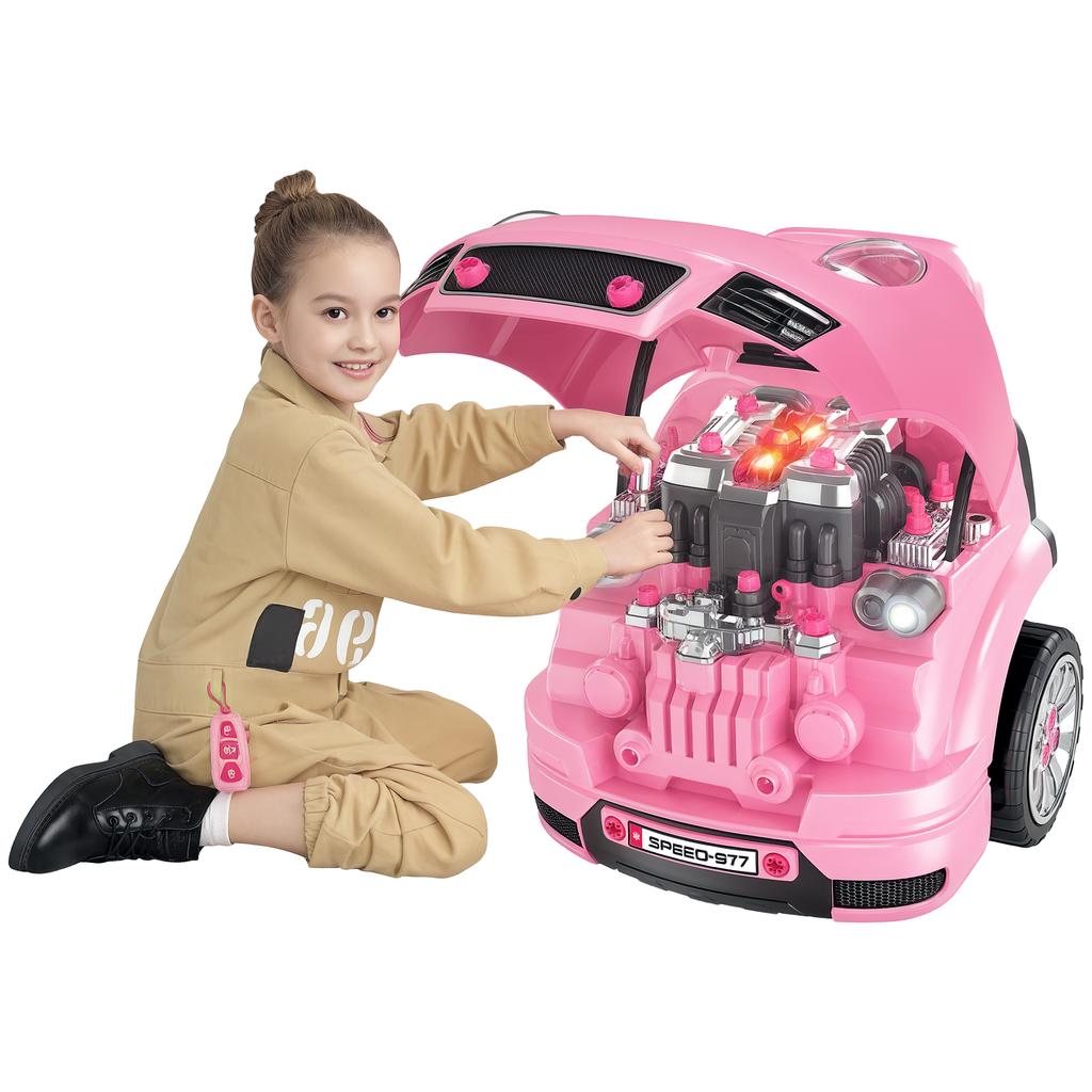 Children's Motor Set with Tools, 61 Pieces, Steering Wheel, Horn, Headlights, Storage Box and Wheels, 40x39x47 Cm, Pink