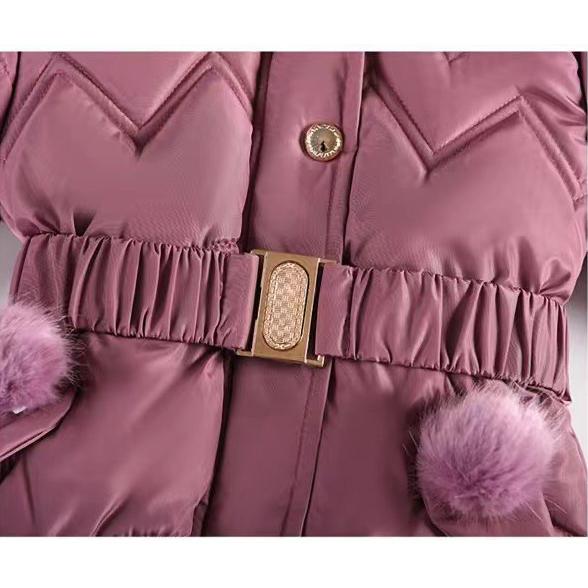 Winter Clothes Girls Medium To Long Length Coat Kids Snow Puffer Jacket Hooded Warm with Waist Belt and Pockets