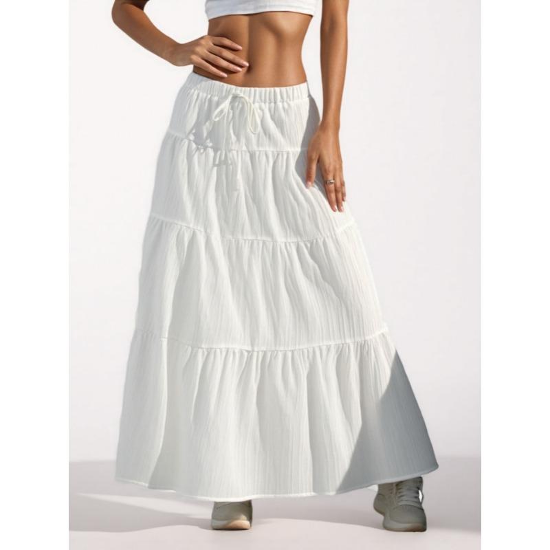 

Elegant Loose Sweet A-line Skirts Lace Up Women Half Length Big Swing Skirt Casual Ruffled Solid Color Simple Long Skirts Elegant Fashion Clothing S белый