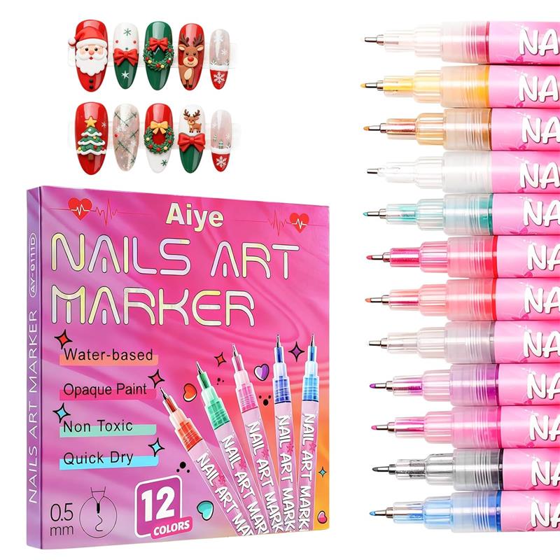 12 Colors Nail Art Pens Set, Quick Dry 3D Nail Polish Pens for DIY Nail Art, Nail Markers for Dotting & Liner Designs, Ideal Christmas Gift
