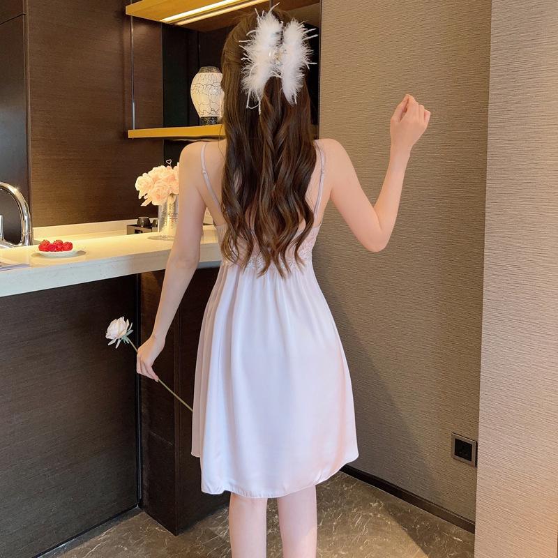 Summer Ice Silk Sexy Nightgown Set - Women’s Thin Suspender Dress with Beautiful Back Design