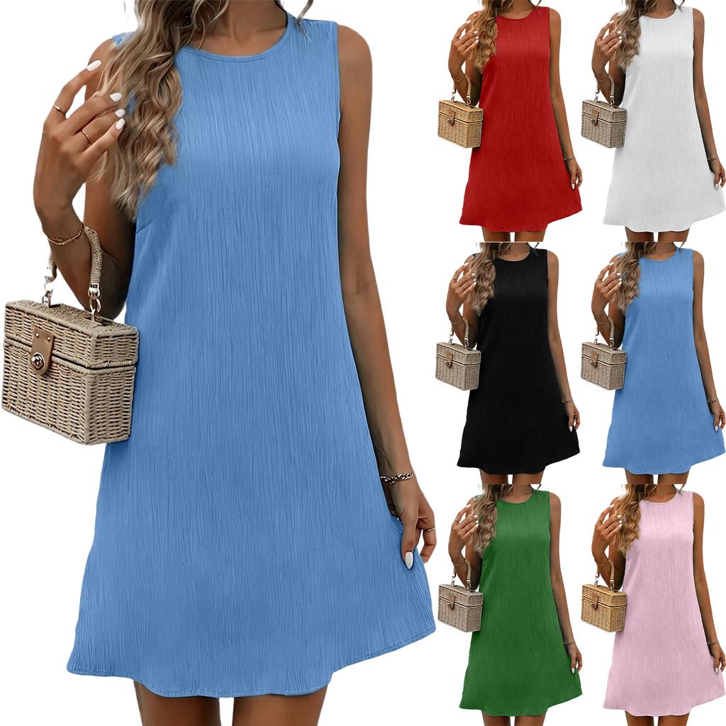Sleeveless Pleated Mini Dress Round Neck Casual Summer Dress Lightweight Vacation Dress for Women